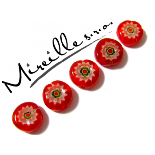 Millefiori placička červená se zelenou květinou, 8x3 mm