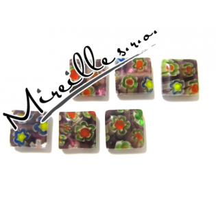 Čtvereček Millefiori fialový, mix kvítka, 8 mm