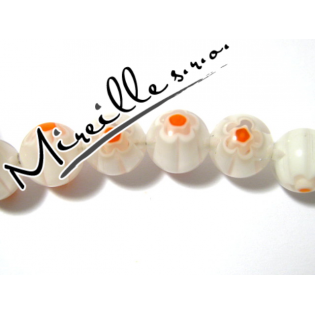 Korálek Millefiori bílý s oranžovou květinou, 10 mm