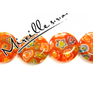 Millefiori placička oranžovo/červená s mix kvítky, 14x3 mm