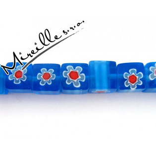 Kostička Millefiori safírově modrá s červenou květinou, +/- 10 mm