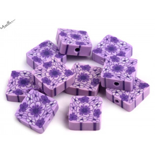 Fimo čtvereček fialový s květy, 14 mm