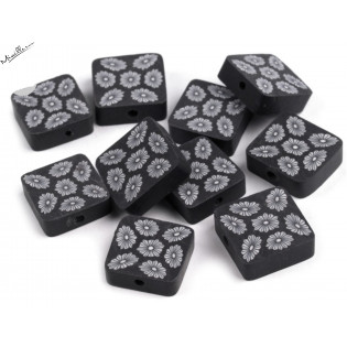 Fimo čtvereček černý s bílými květy, 14 mm