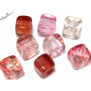 Skleněný korálek kostička, mix crystal/pink, 8x8 mm