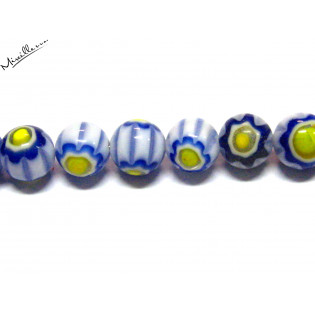 Millefiory kulička modrá s bílou/žlutou květinou, 8 mm