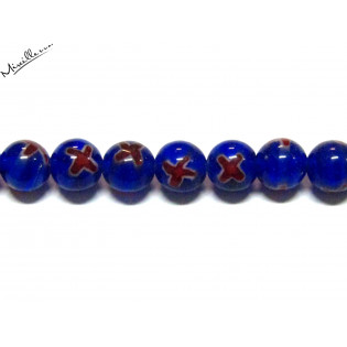 Millefiory kulička modrá s červeným křížkem, 6 mm
