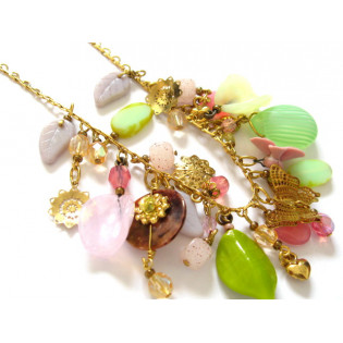Starozlatý náhrdelník s růžovo/zelným sklem