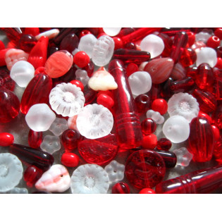 Mix mačkaných červeno/bílo matných korálků, 15 g