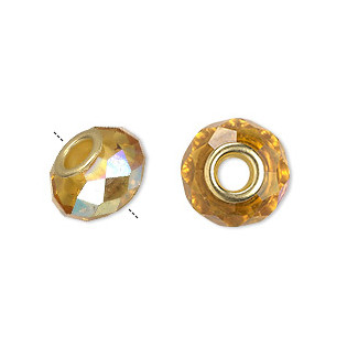 Žlutý korálek s AB - zlatý kovový průtah, 15x8 mm