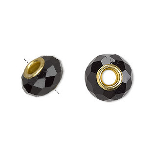 Černý korálek - zlatý kovový průtah, 15x8 mm